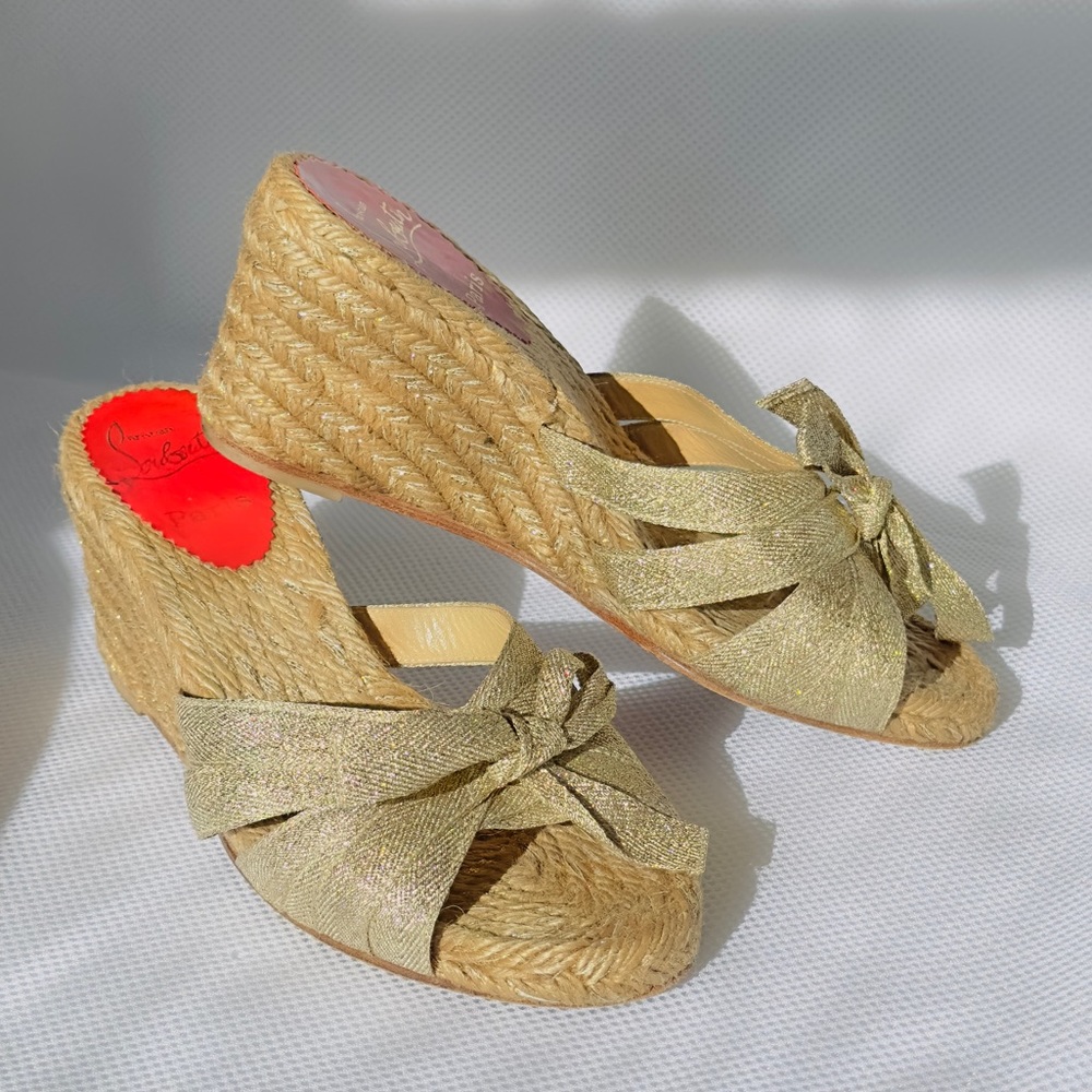 Christian Louboutin raffia & gold metallic ribbon tie detail open toe mules